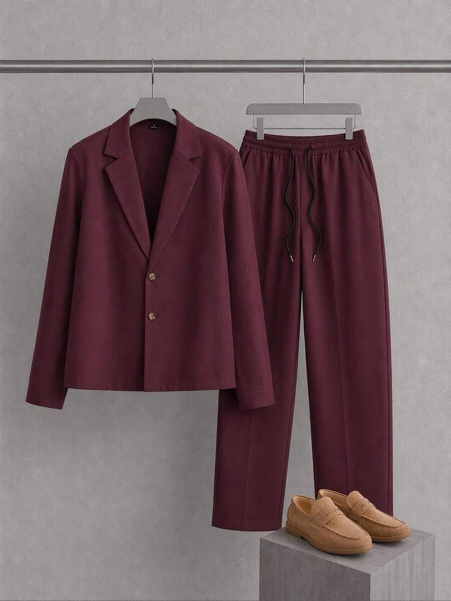 Mainfolk Loose Men's Letter Patch Weave Casual Long Sleeve Shirt And Pants 2 Pieces Set Halloween Christmas Winter Party Autumn - Maroon - View 1