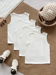 PrepCrw 4pack Kids Youth Casual Minimalist Comfortable White Tank Tops, Buy 3 Get 1 Free, Suitable For Daily Wear, Spring And Summer 3rd Birthday Nursery - White - View 2
