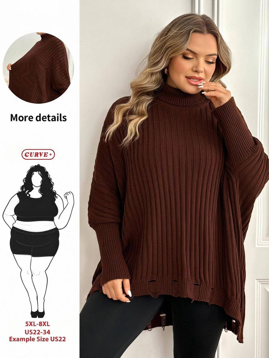 SHEIN CURVE+ Plus Size Women's Solid Color Casual Versatile Daily Wear Long Sleeve Sweater Winter - Coffee Brown - View 1