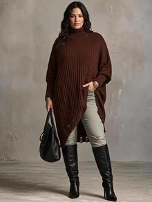 SHEIN CURVE+ Plus Size Women's Solid Color Casual Versatile Daily Wear Long Sleeve Sweater Winter - Coffee Brown - View 3