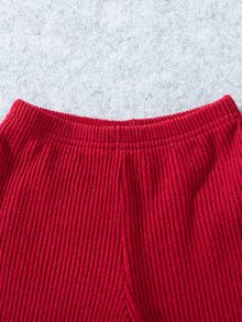 SHEIN 2pcs Baby Girl Sweet & Gentle Style, Red Bow Decor, Ribbed Texture Fabric, Half-High Neck 2 In 1 Long Sleeve Asymmetrical Hem Top, Paired With Burgundy Ruffle Flared Long Pants, Regular Thickness, Suitable For Holiday Gatherings, Daily Outings, Exquisite & Beautiful, Fits Spring/Autumn Seasons - Multicolor - View 7