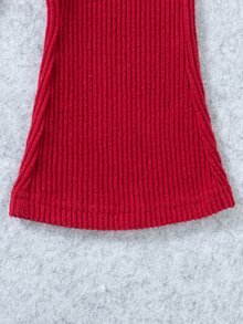 SHEIN 2pcs Baby Girl Sweet & Gentle Style, Red Bow Decor, Ribbed Texture Fabric, Half-High Neck 2 In 1 Long Sleeve Asymmetrical Hem Top, Paired With Burgundy Ruffle Flared Long Pants, Regular Thickness, Suitable For Holiday Gatherings, Daily Outings, Exquisite & Beautiful, Fits Spring/Autumn Seasons - Multicolor - View 6