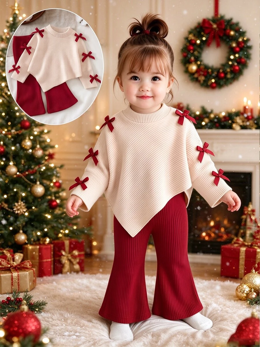 SHEIN 2pcs Baby Girl Sweet & Gentle Style, Red Bow Decor, Ribbed Texture Fabric, Half-High Neck 2 In 1 Long Sleeve Asymmetrical Hem Top, Paired With Burgundy Ruffle Flared Long Pants, Regular Thickness, Suitable For Holiday Gatherings, Daily Outings, Exquisite & Beautiful, Fits Spring/Autumn Seasons - Multicolor - View 1