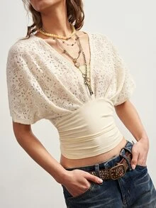Bohemela Women's Lace Patchwork Casual Versatile Daily Wear Top - Apricot - View 6