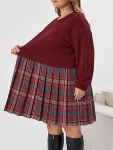 SHEIN CURVE+ Plus Size Women Plaid Patchwork Long Sleeve Sweatshirt Dress, Suitable For Autumn/Autumn /Winter Christmas Fall - Multicolor - View 4