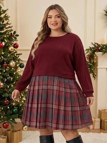 SHEIN CURVE+ Plus Size Women Plaid Patchwork Long Sleeve Sweatshirt Dress, Suitable For Autumn/Autumn /Winter Christmas Fall - Multicolor - View 5