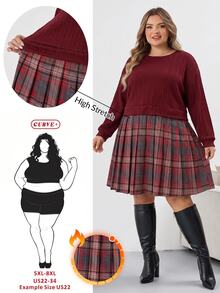 SHEIN CURVE+ Plus Size Women Plaid Patchwork Long Sleeve Sweatshirt Dress, Suitable For Autumn/Autumn /Winter Christmas Fall - Multicolor - View 1