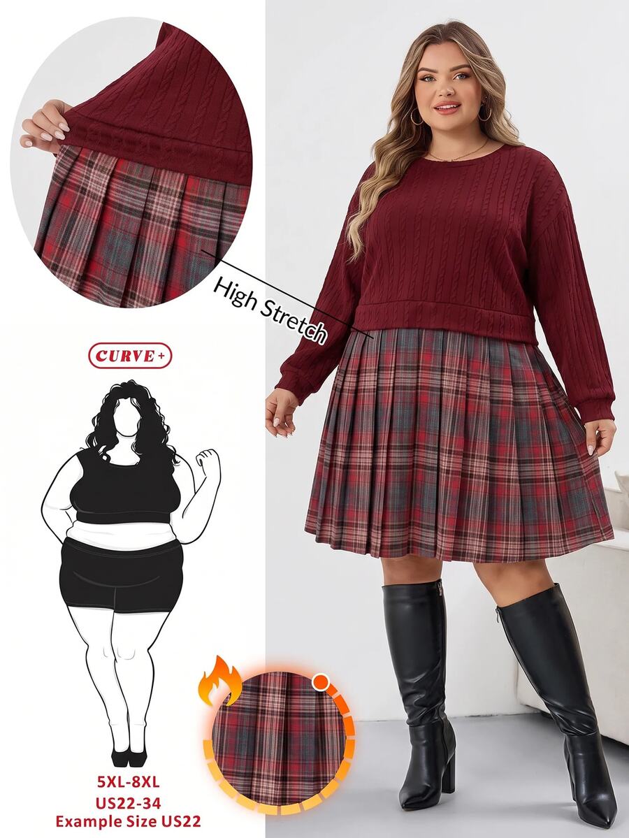 SHEIN CURVE+ Plus Size Women Plaid Patchwork Long Sleeve Sweatshirt Dress, Suitable For Autumn/Autumn /Winter Christmas Fall - Multicolor - View 1