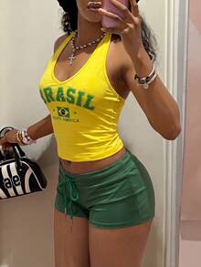 Fiercella Fiercella 女款春夏兩件套 綠色與黃綠色背心短褲 HypeZone-D 細肩帶前胸英文字母印花 性感修身 度假風 - 綠色 - 查看 7