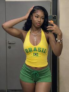 Fiercella Fiercella 女款春夏兩件套 綠色與黃綠色背心短褲 HypeZone-D 細肩帶前胸英文字母印花 性感修身 度假風 - 綠色 - 查看 1