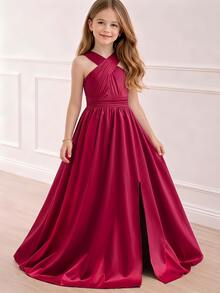SHEIN Tween Girls' Elegant Minimalist Fashion One-Shoulder Sleeveless One-Side Asymmetrical Shoulder Christmas Party Formal Flower Girl Burgundy Fall - Burgundy - View 3