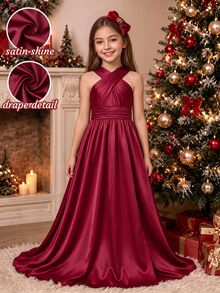 SHEIN Tween Girls' Elegant Minimalist Fashion One-Shoulder Sleeveless One-Side Asymmetrical Shoulder Christmas Party Formal Flower Girl Burgundy Fall - Burgundy - View 1