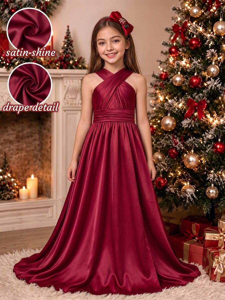 SHEIN Tween Girls' Elegant Minimalist Fashion One-Shoulder Sleeveless One-Side Asymmetrical Shoulder Christmas Party Formal Flower Girl Burgundy Fall - Burgundy - View 1