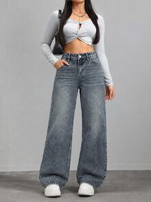 Rivivi Plus Size Women's High Waist Straight Leg Slimming Jeans,Winter - Blue - View 5