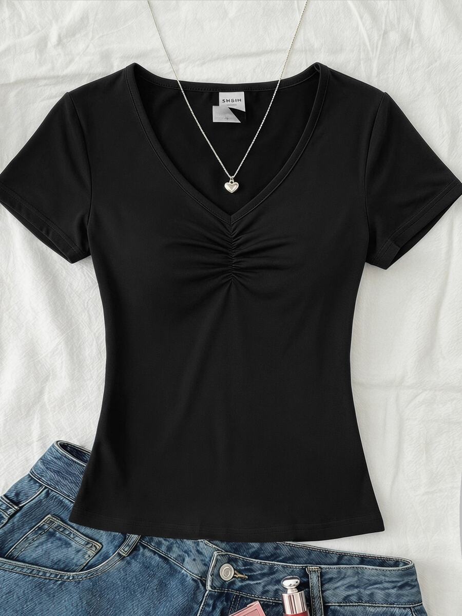 SHEIN Tween Girls Pink V-Neck Ruched Chest Lace Patchwork Short Sleeve T-Shirt - Black - View 1