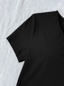 SHEIN Tween Girls Pink V-Neck Ruched Chest Lace Patchwork Short Sleeve T-Shirt - Black - View 4
