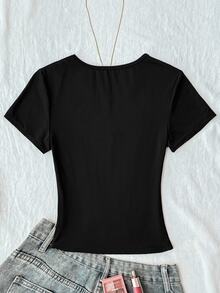SHEIN Tween Girls Pink V-Neck Ruched Chest Lace Patchwork Short Sleeve T-Shirt - Black - View 2