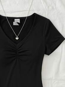 SHEIN Tween Girls Pink V-Neck Ruched Chest Lace Patchwork Short Sleeve T-Shirt - Black - View 3