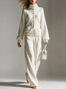 SHEIN Minimalist Premium Pure White Knit Sweater Set Women Autumn/Winter High Neck Loose Slouchy Long Pants 2 Pieces Set - Beige - View 4