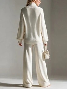 SHEIN Minimalist Premium Pure White Knit Sweater Set Women Autumn/Winter High Neck Loose Slouchy Long Pants 2 Pieces Set - Beige - View 2