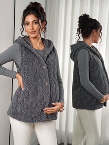 Momance Áo khoác gile bầu casual cài nút có mũ, nỉ lông cừu hai mặt, màu trơn, bán chạy mùa Thu/Đông - Xám - Xem 4