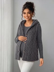 Momance Áo khoác gile bầu casual cài nút có mũ, nỉ lông cừu hai mặt, màu trơn, bán chạy mùa Thu/Đông - Xám - Xem 2