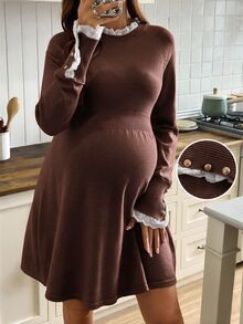 SHEIN Maternity Lace Patchwork A-Line Knit Long Sleeve Sweater Dress, Casual Daily Wear Winter - Coffee - View 6