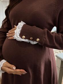 SHEIN Maternity Lace Patchwork A-Line Knit Long Sleeve Sweater Dress, Casual Daily Wear Winter - Coffee - View 5
