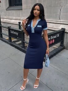 Rovax Women's Casual Elegant Daily Work Office Brunch Commute Fashion Colorblock Half Button Front Slim Fit Sweater Dress Navy Blue Fall - Navy Blue - View 1