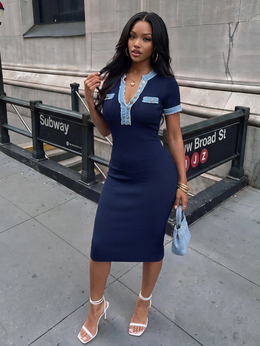 Rovax Women's Casual Elegant Daily Work Office Brunch Commute Fashion Colorblock Half Button Front Slim Fit Sweater Dress Navy Blue Fall - Navy Blue - View 1