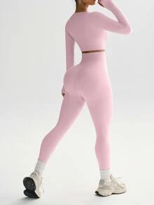Slayform Slayform Seamless High Stretch Thumb Holes Sports Tee & Holes Sports Tee & Leggings Fit Set Workout Women Set - Pink - View 9
