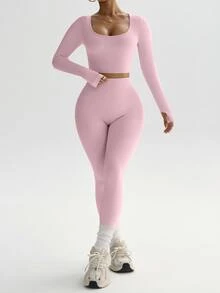 Slayform Slayform Seamless High Stretch Thumb Holes Sports Tee & Holes Sports Tee & Leggings Fit Set Workout Women Set - Pink - View 7