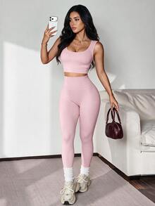 Slayform Slayform Seamless High Stretch Thumb Holes Sports Tee & Holes Sports Tee & Leggings Fit Set Workout Women Set - Pink - View 2