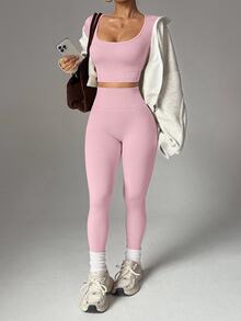 Slayform Slayform Seamless High Stretch Thumb Holes Sports Tee & Holes Sports Tee & Leggings Fit Set Workout Women Set - Pink - View 3