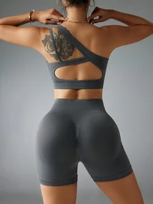 Slayform Slayform Women Solid Color Sleeveless Backless Bra Top & Short Seamless Leggings Sports Set Workout Women Set - Dark Grey - View 5