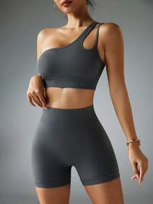 Slayform Slayform Women Solid Color Sleeveless Backless Bra Top & Short Seamless Leggings Sports Set Workout Women Set - Dark Grey - View 6