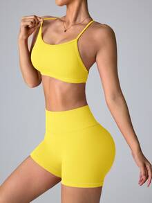 Slayform Slayform Seamless Sports Tank Top And Shorts Set/Shoulder Strap Design/High Waist Tummy Control Butt Lifting/Sports Yoga/Fitness Running/ - Yellow - View 6