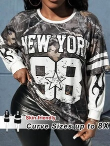 SHEIN CURVE+ Women's Fall/Winter Streetwear Concert Outfit Casual Going Out Graphics Tree Branch Pattern Number P - Multicolor - View 2