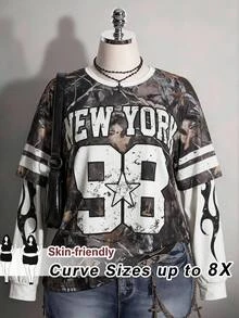 SHEIN CURVE+ Women's Fall/Winter Streetwear Concert Outfit Casual Going Out Graphics Tree Branch Pattern Number P - Multicolor - View 1