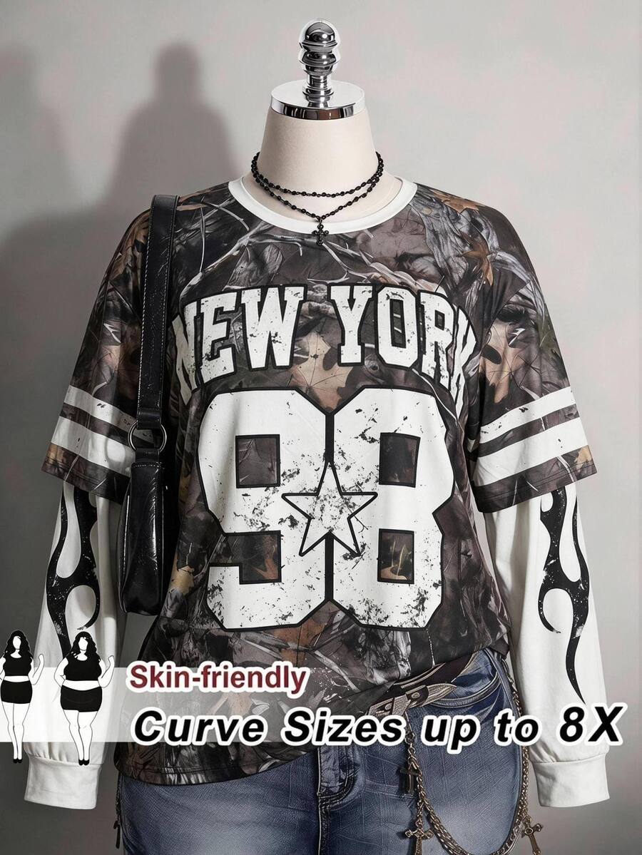 SHEIN CURVE+ Women's Fall/Winter Streetwear Concert Outfit Casual Going Out Graphics Tree Branch Pattern Number P - Multicolor - View 1