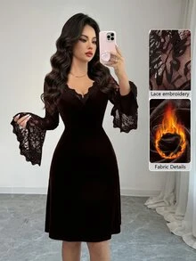 Modelyn 女款秋冬時尚優雅深棕色V領波浪邊天鵝絨緊身迷你洋裝 蕾絲喇叭袖長袖修身性感派對洋裝 - 咖啡棕 - 查看 3