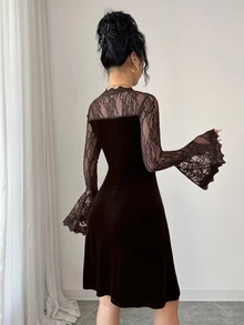 Modelyn 女款秋冬時尚優雅深棕色V領波浪邊天鵝絨緊身迷你洋裝 蕾絲喇叭袖長袖修身性感派對洋裝 - 咖啡棕 - 查看 2