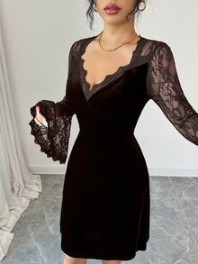 Modelyn 女款秋冬時尚優雅深棕色V領波浪邊天鵝絨緊身迷你洋裝 蕾絲喇叭袖長袖修身性感派對洋裝 - 咖啡棕 - 查看 4