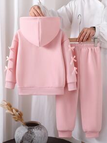 SHEIN Genkimix Kids Young Girl Bow Decor Hooded Jacket And Pants Set Autumn Fall - Pink - View 3