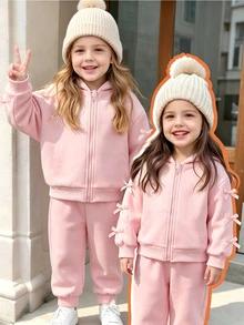 SHEIN Genkimix Kids Young Girl Bow Decor Hooded Jacket And Pants Set Autumn Fall - Pink - View 2