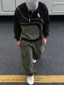 2件組青少年男孩時尚酷感英文標語圖案設計圓領運動衫與工裝褲套裝，適合假期派對、春秋冬季街頭穿搭、校園休閒穿著、戶外野餐、街拍、校園、假期禮物 - 軍綠色 - 查看 1