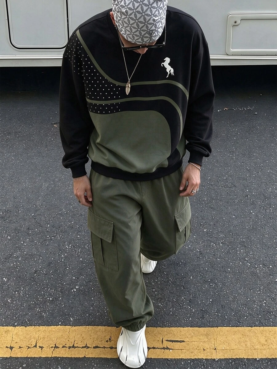 2件組青少年男孩時尚酷感英文標語圖案設計圓領運動衫與工裝褲套裝,適合假期派對、春秋冬季街頭穿搭、校園休閒穿著、戶外野餐、街拍、校園、假期禮物 - 軍綠色 - 查看 1