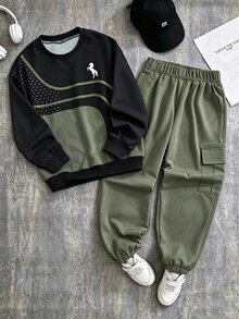 2件組青少年男孩時尚酷感英文標語圖案設計圓領運動衫與工裝褲套裝，適合假期派對、春秋冬季街頭穿搭、校園休閒穿著、戶外野餐、街拍、校園、假期禮物 - 軍綠色 - 查看 3