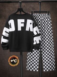 SHEIN Tween Boy Letter Graphic Kids Drop Shoulder Sweatshirt & Checker Print Sweatpants Set - Black - View 2