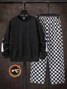 SHEIN Tween Boy Letter Graphic Kids Drop Shoulder Sweatshirt & Checker Print Sweatpants Set - Black - View 3